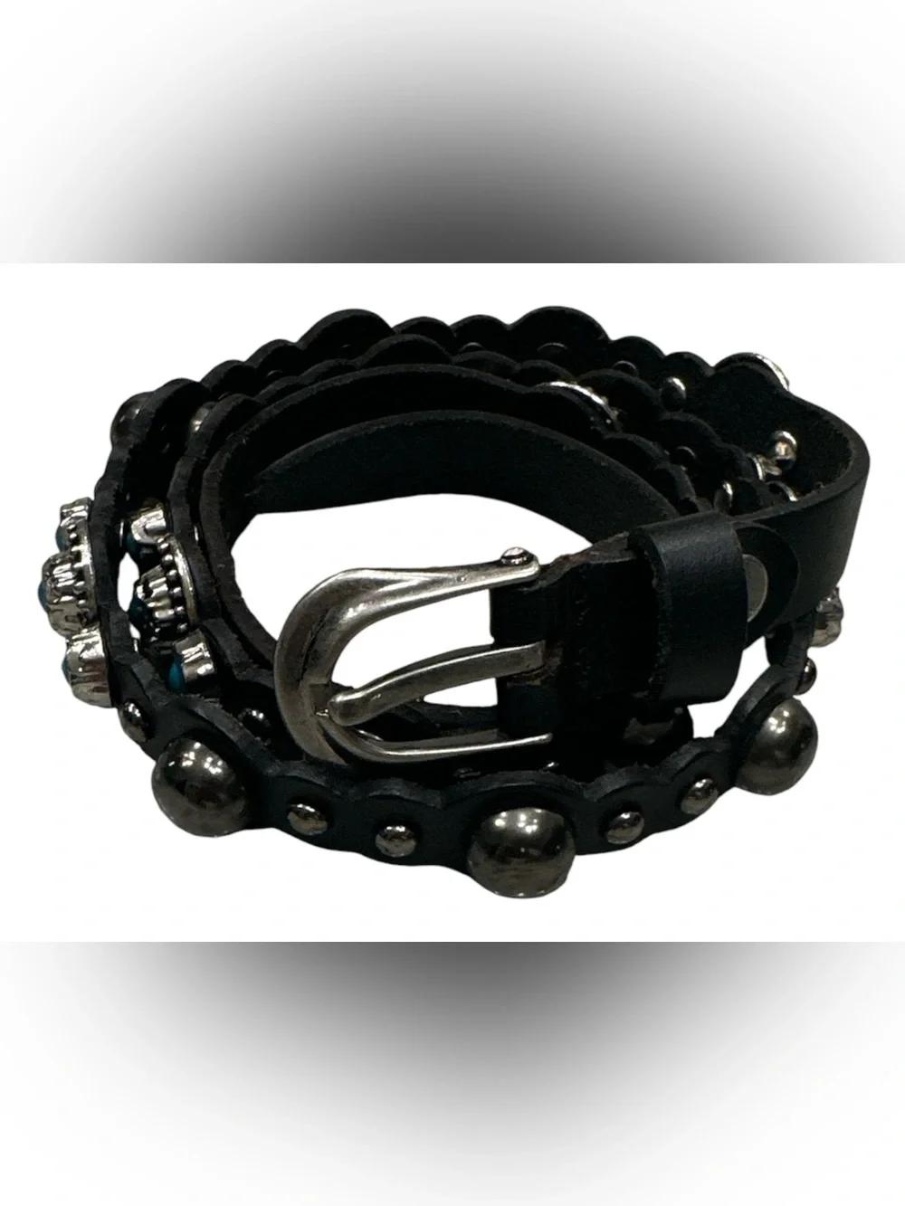 Genuine Leather Scalloped Belt SM Black Turquoise Western Boho Studded women’s
